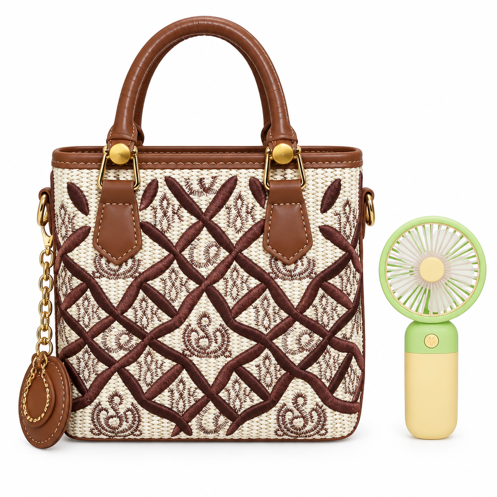 Brown-and-cream lattice handbag with mini hand fan on white background