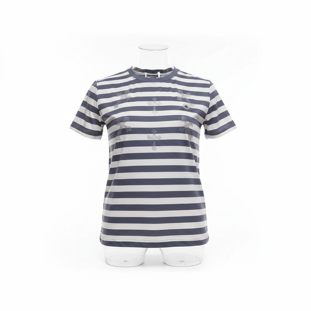 Ghost mannequin front view of grey white striped rhinestone cross crown T-shirt