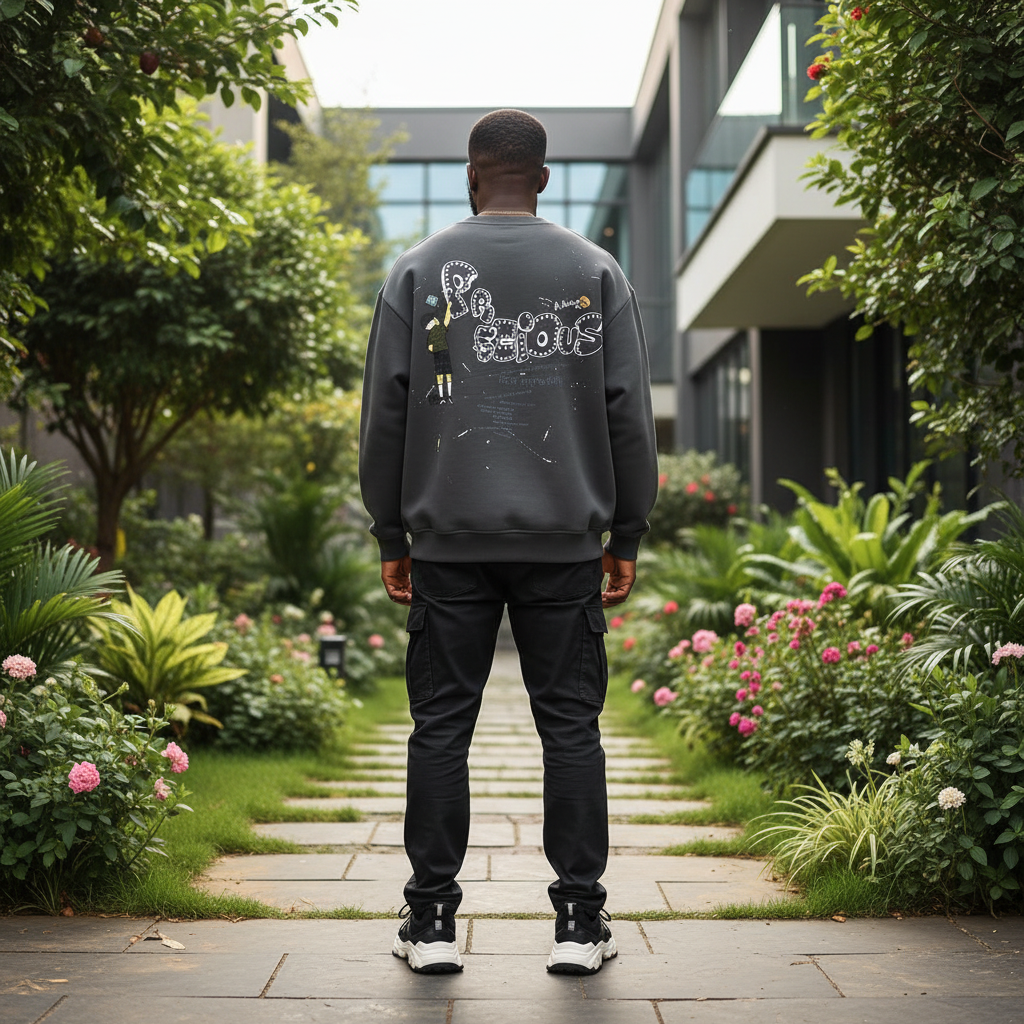 Nigerian male model wearing charcoal sweatshirt with bubble letter cartoon back graphic – back view