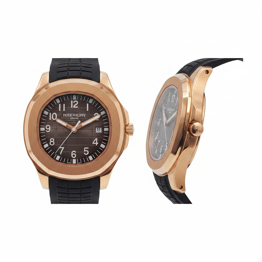 Rose gold cushion case brown dial black rubber strap men's watch front and side view