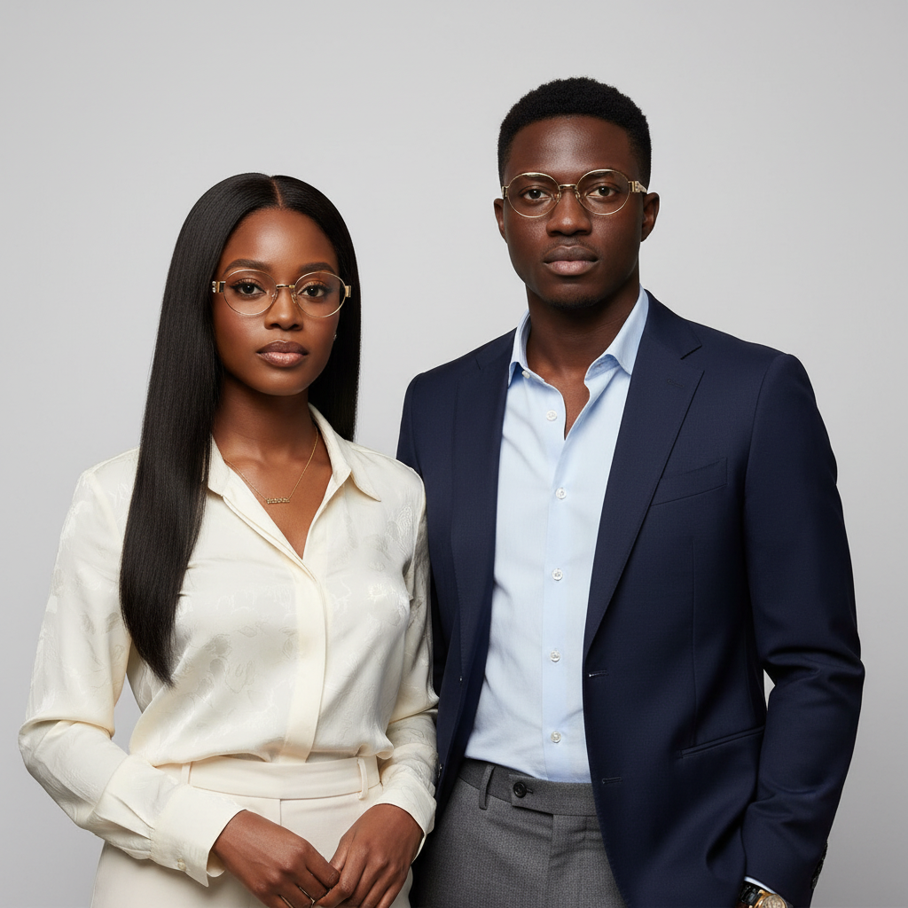 Nigerian female with sleek weavon and male model wearing oval gold frame clear lens fashion glasses – editorial medium shot professional grey background