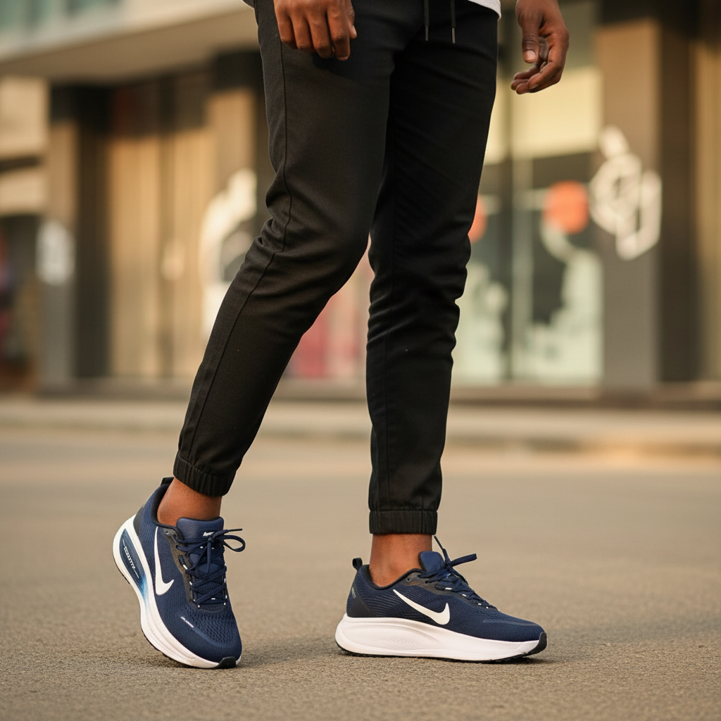 Nigerian male model wearing Nike ZoomX navy blue running sneakers, leg focus lifestyle shot