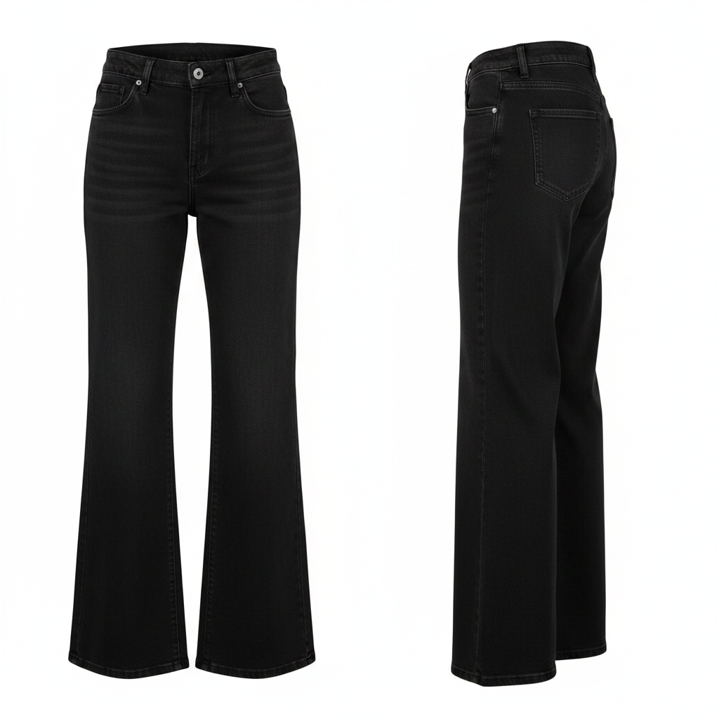 Black high-waist wide-leg denim jeans ghost mannequin front and side view