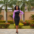 Women's Black & Purple Colour-Block Bishop Sleeve Midi Dress – Nigerian Female Model Shot