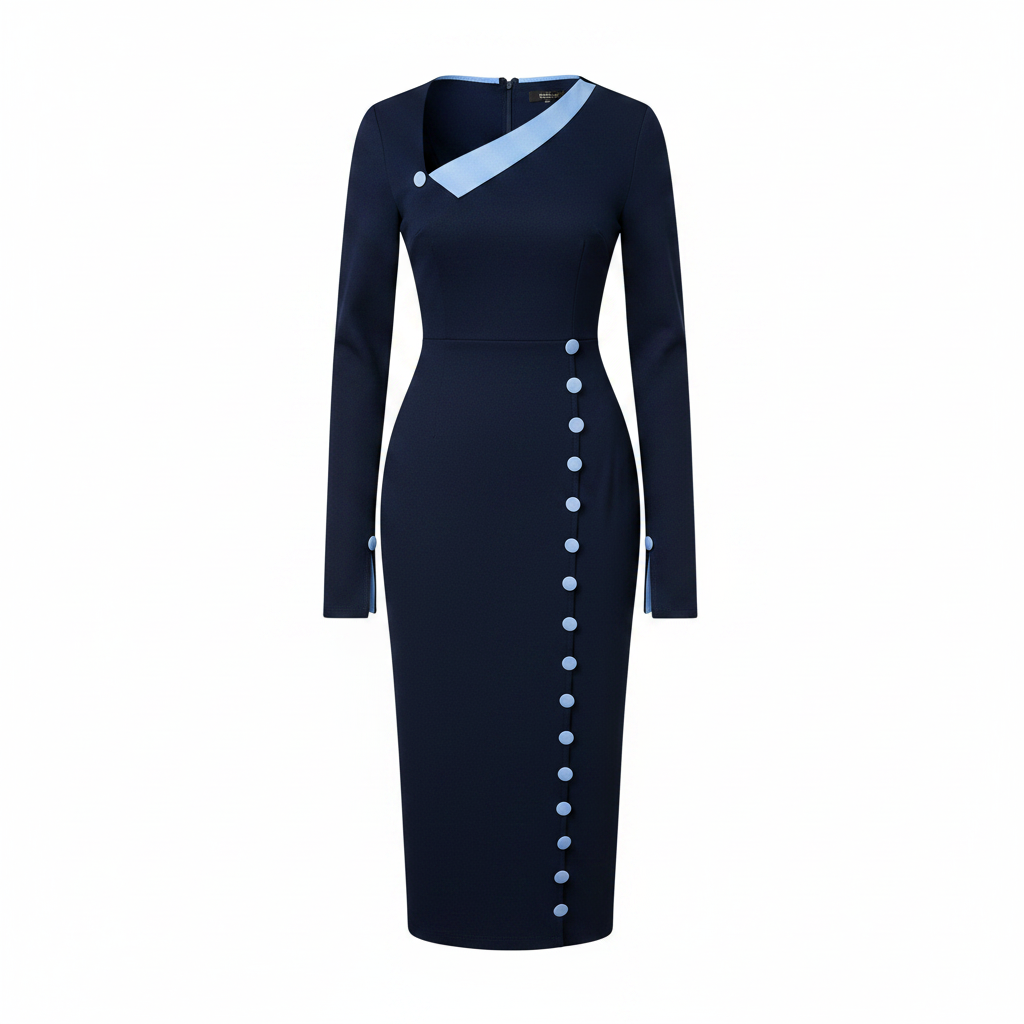 Women's Navy Blue Lapel-Collar Button-Front Midi Dress – Ghost Mannequin Front View
