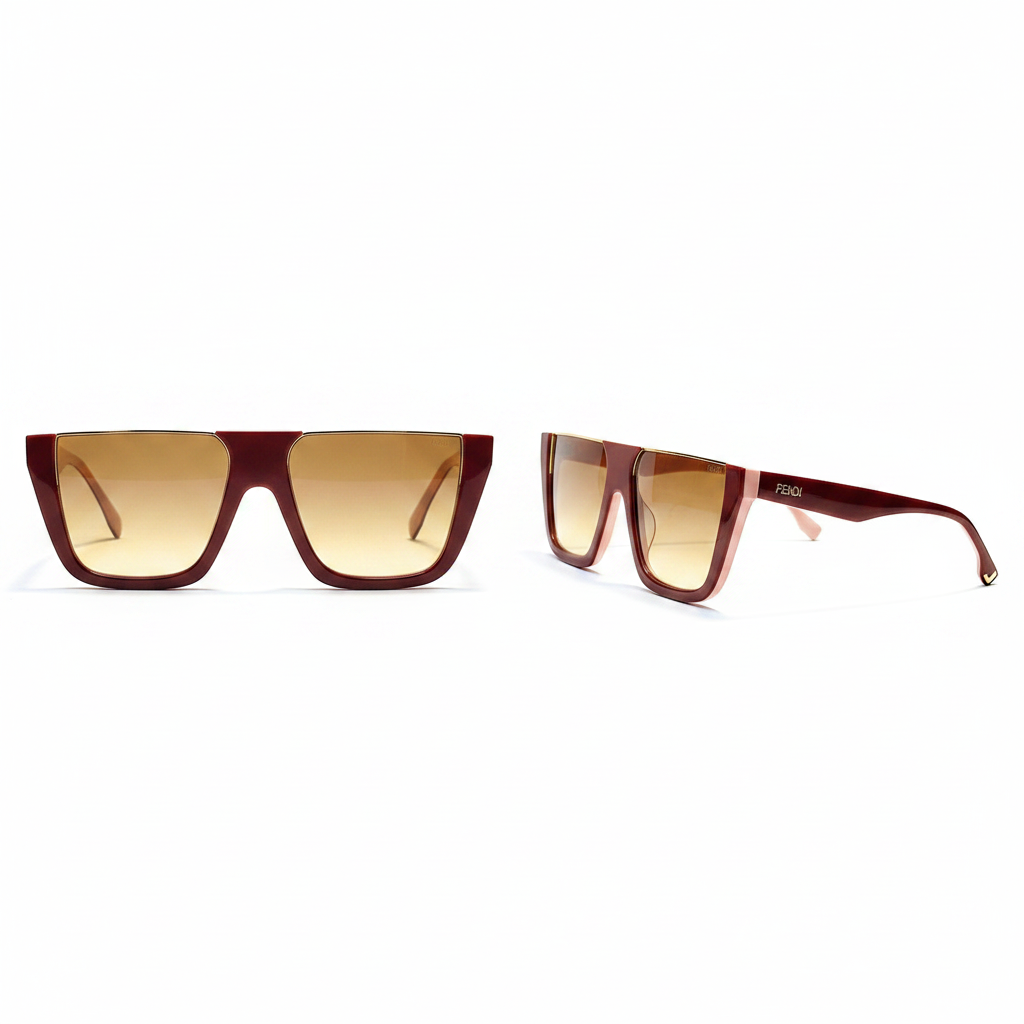 Women's oversized flat-top square sunglasses with burgundy blush two-tone frame, gold inner bar accent and gradient amber lenses – front and side ghost mannequin view on white background