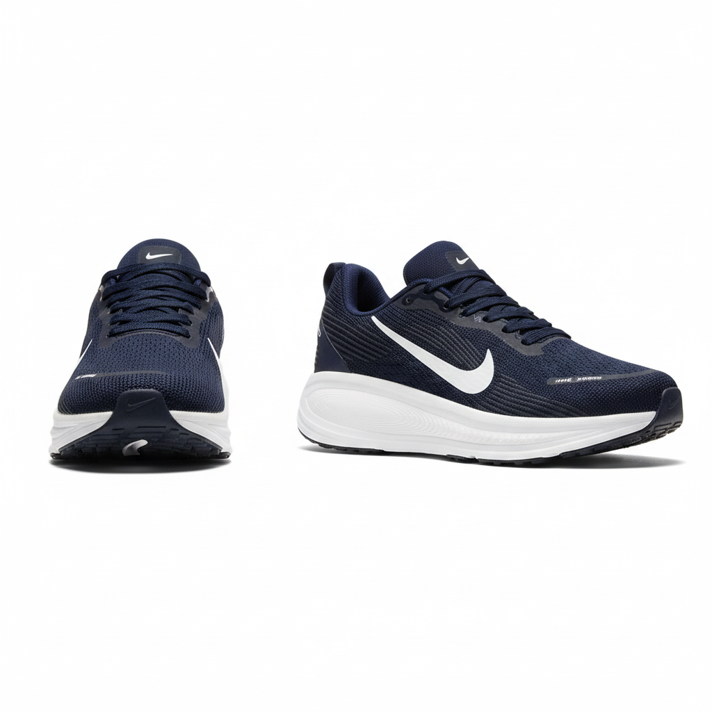 Men's navy blue mesh running sneakers ghost mannequin front and side view
