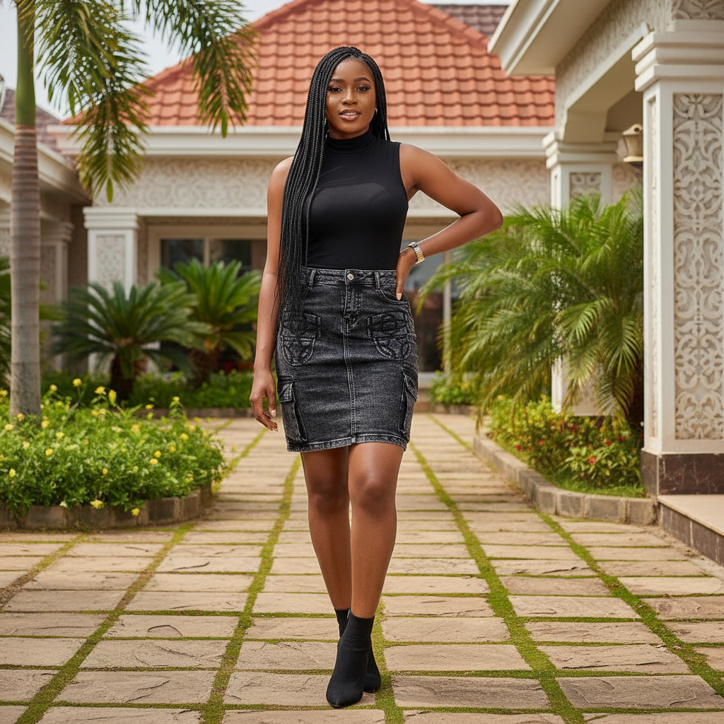 Nigerian female model wearing Women's Charcoal Acid-Wash Denim Mini Skirt with Embroidered Pockets