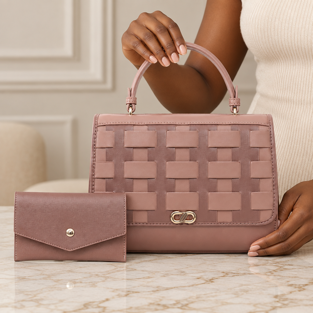 Black model hands holding a mauve woven-panel structured handbag with matching envelope pouch