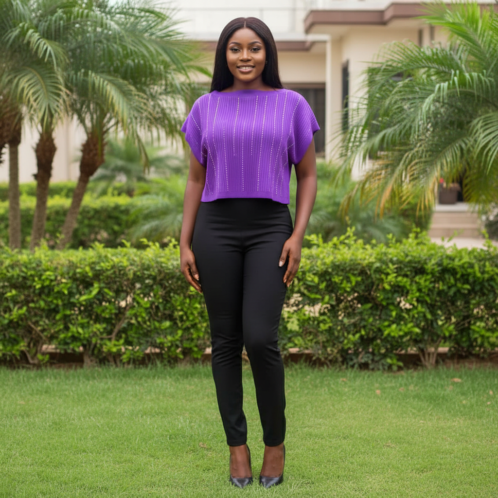 Nigerian female model wearing purple rhinestone ribbed cap sleeve top - front view