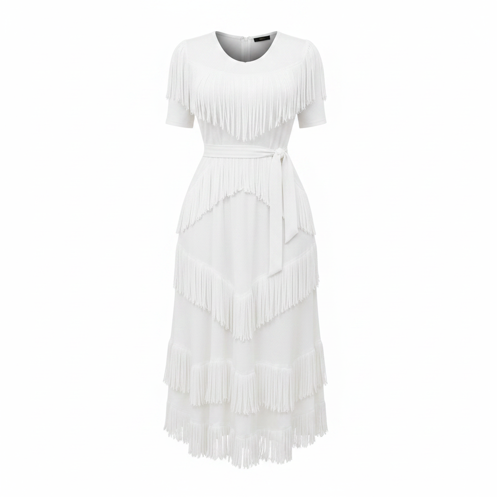 Ghost mannequin – Ntiwi Collection White Tiered Fringe Miyaki Midi Dress