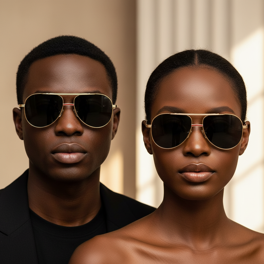 Nigerian male and female models wearing slim gold aviator sunglasses with dark grey smoke lens and red nose accent