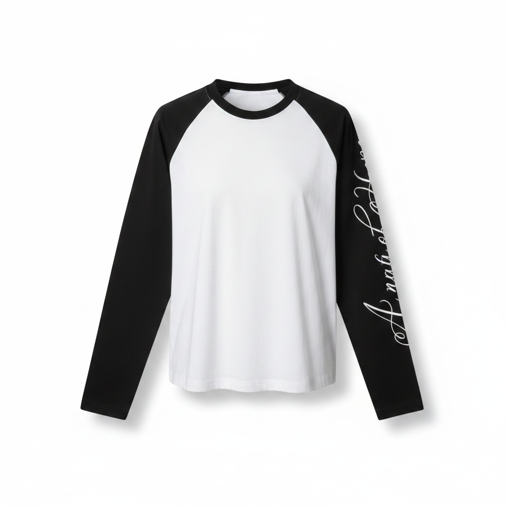 Men's White Black Raglan Long Sleeve Script Shirt – Ghost Mannequin Front View