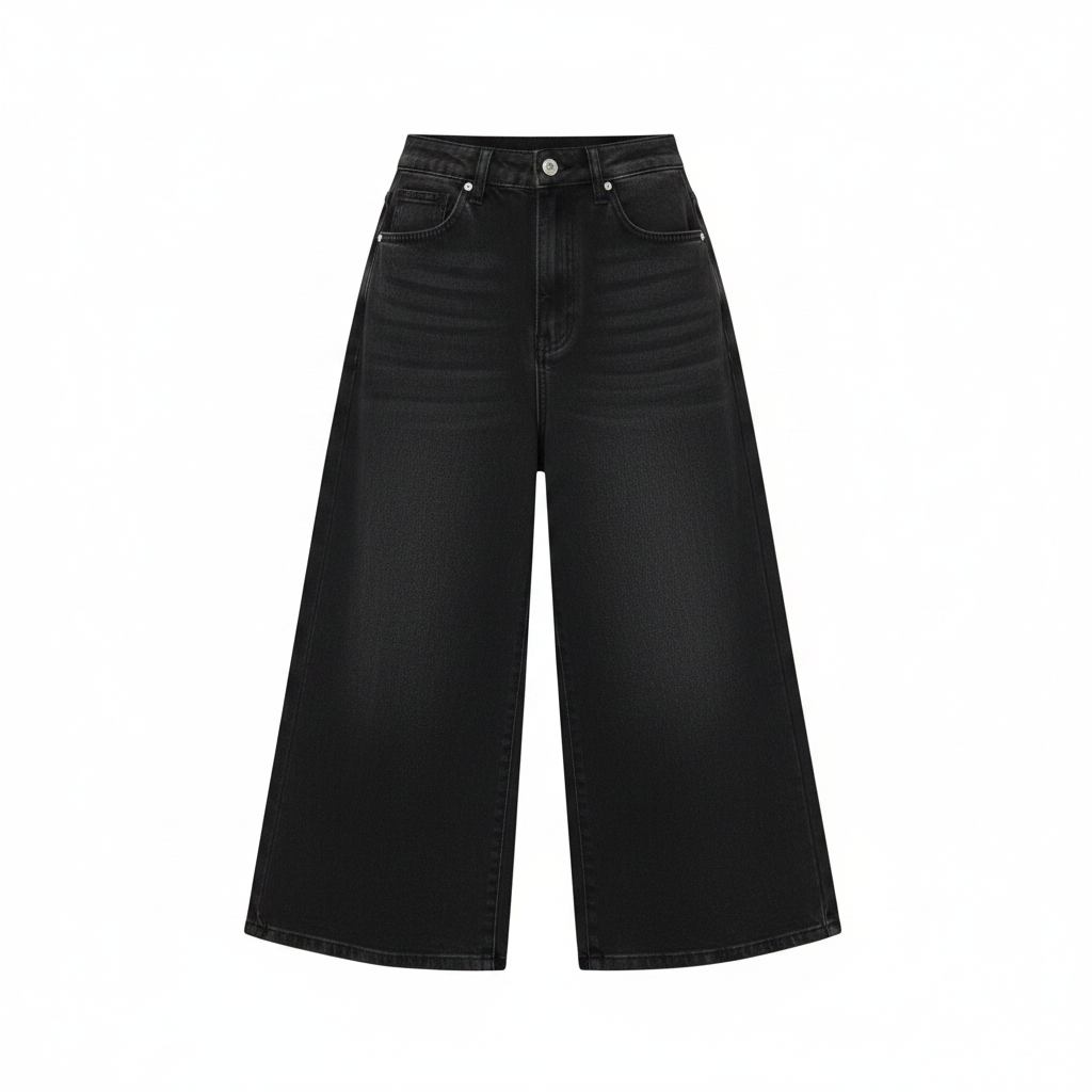 Black Washed Wide-Leg Denim Culottes - Ghost Mannequin Front