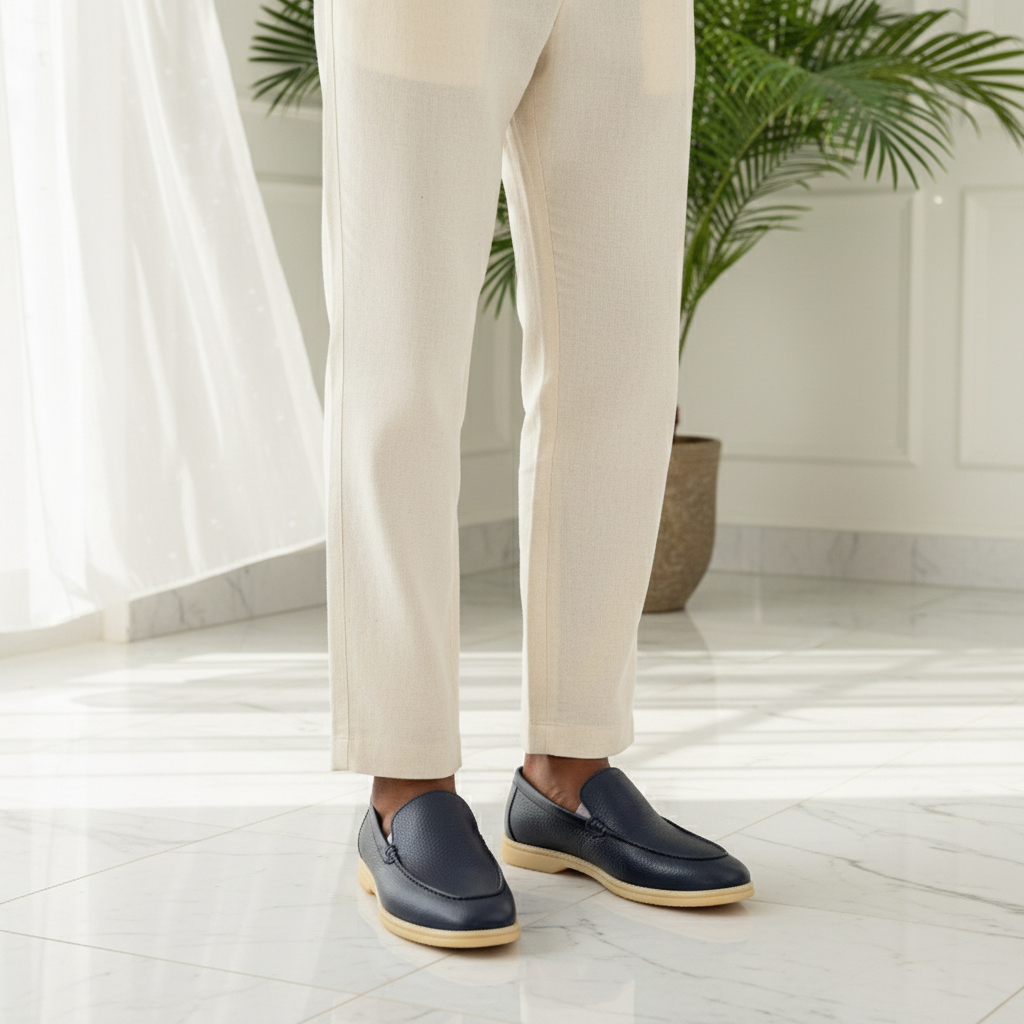 Navy Pebbled Leather Open Walk Loafer - Model Shot