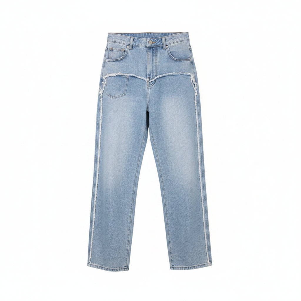 Men's light blue baggy wide-leg V-panel chevron seam deconstructed denim jeans ghost mannequin front view