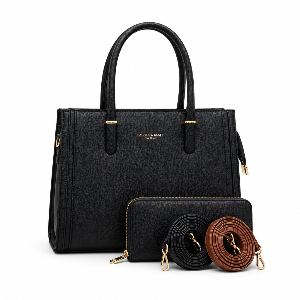 Black textured tote with matching wallet and black and brown straps