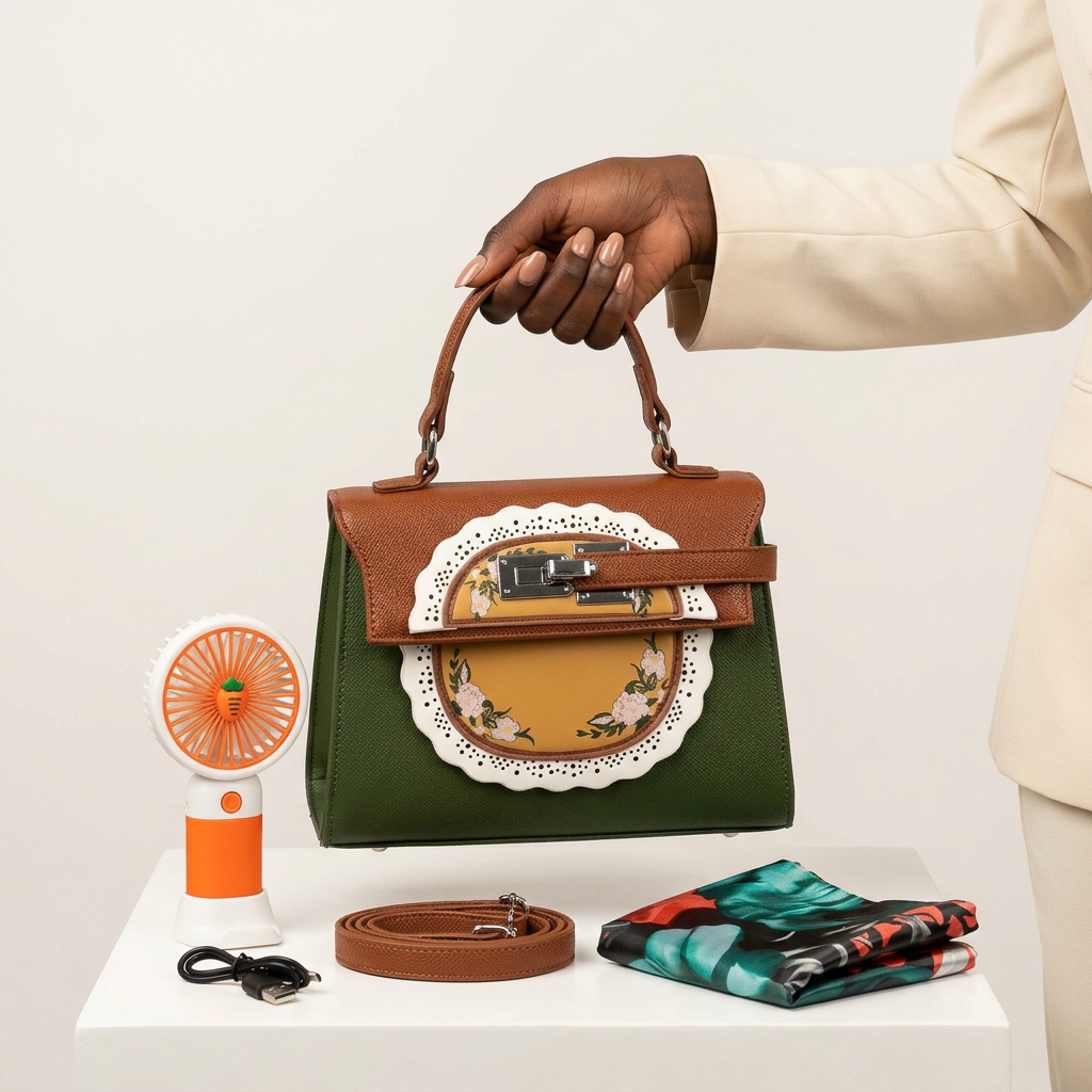 Forest-green floral handbag held by a Black woman's hand with nude nails, with pictured accessories