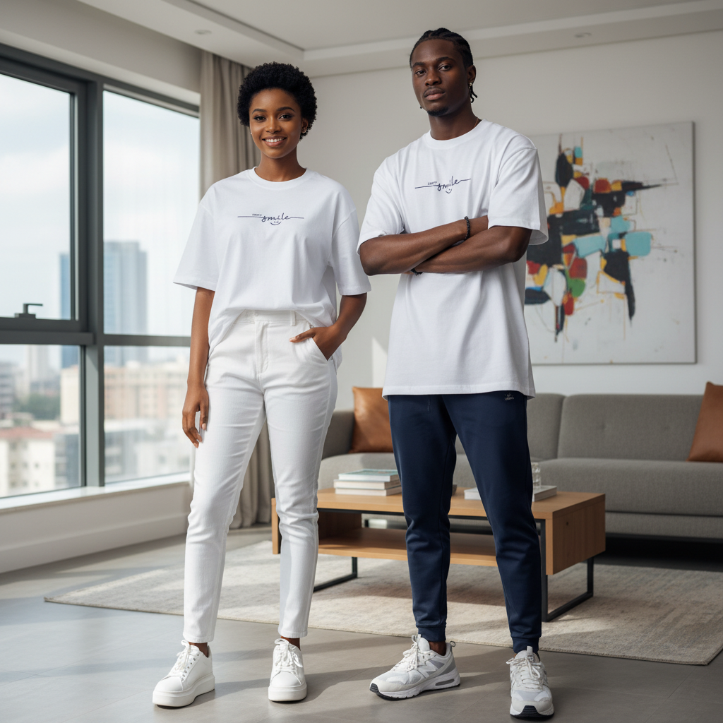 Unisex model shot – John Store Happy Smile White Oversized Unisex T-Shirt