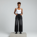 Black Washed Wide-Leg Denim Jeans - Model Front