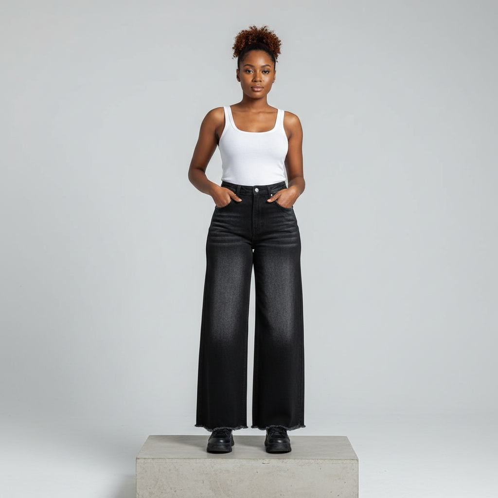 Black Washed Wide-Leg Denim Jeans - Model Front