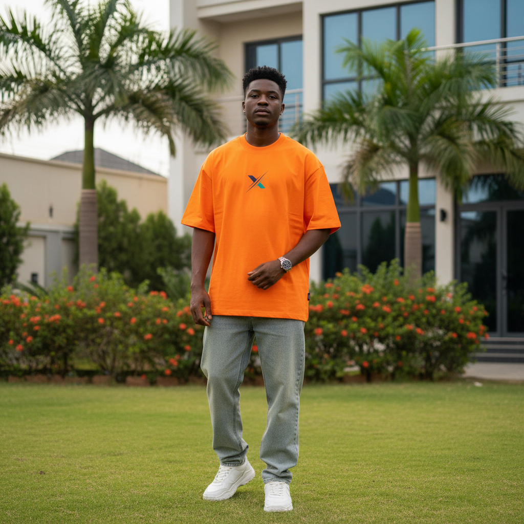 Nigerian male model wearing bright orange abstract geometric graphic tee – front view