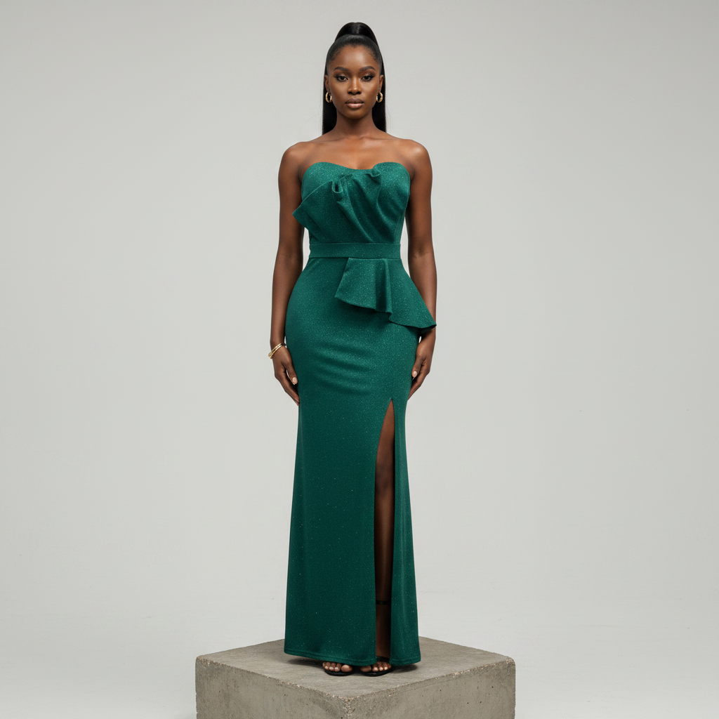 Nigerian model wearing emerald green glitter strapless maxi dress