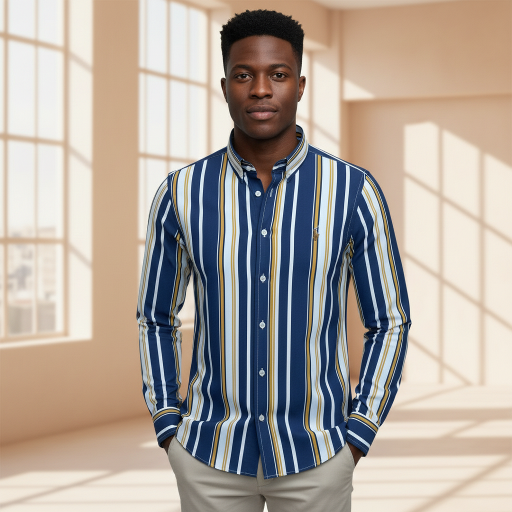 Nigerian model wearing Ralph Polo Navy Blue White Gold Stripe Shirt