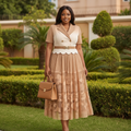 Women's Cream & Camel Blazer Bodice Embroidered Tiered Midi Gown - Nigerian Female Model