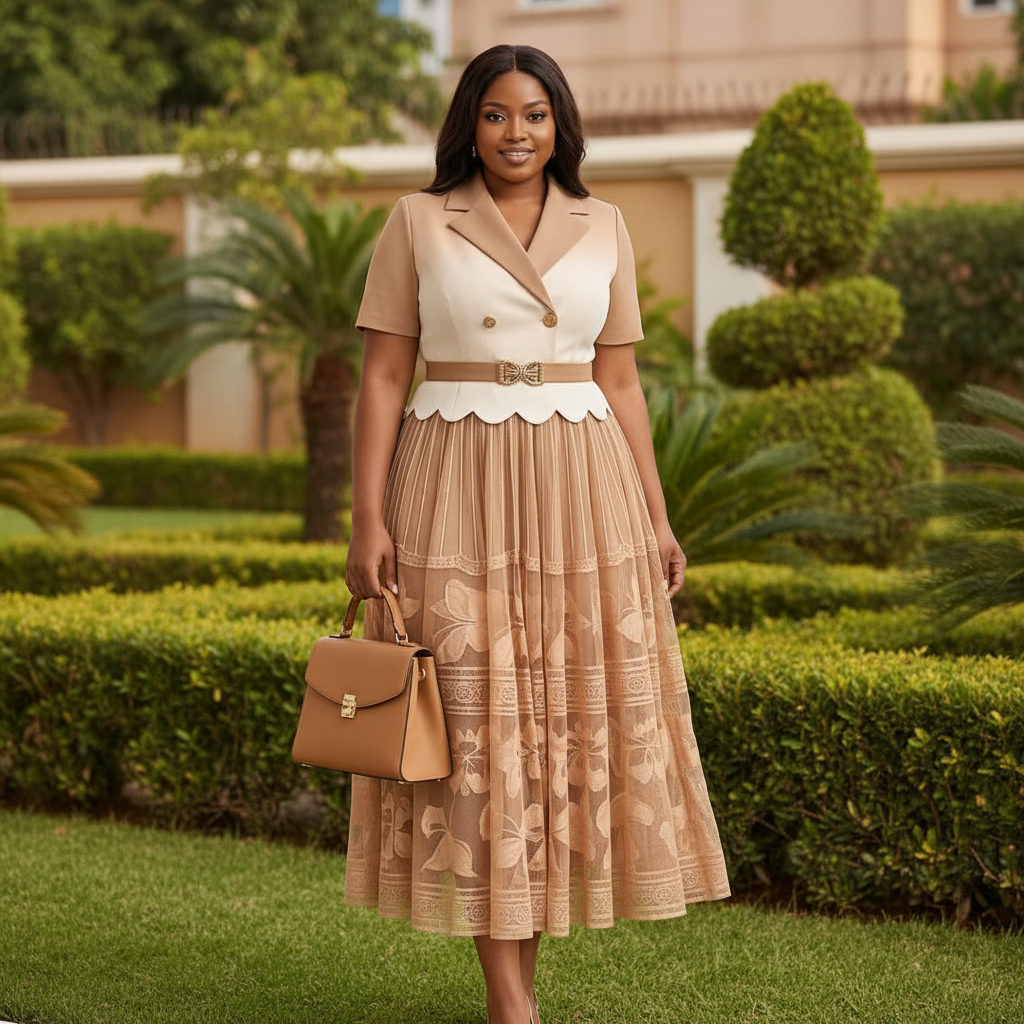 Women's Cream & Camel Blazer Bodice Embroidered Tiered Midi Gown - Nigerian Female Model