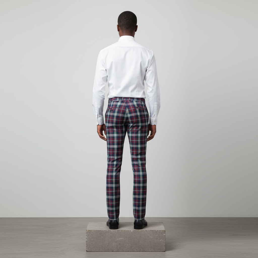 Burgundy Navy Mint Tartan Trousers – Back Model