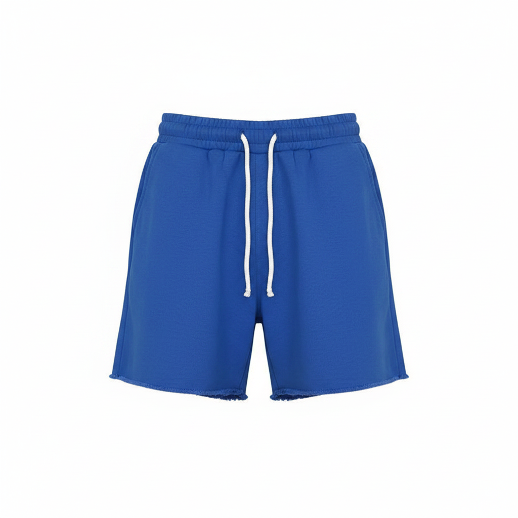 Ghost mannequin front view of royal blue plain fleece drawstring shorts with raw frayed hem