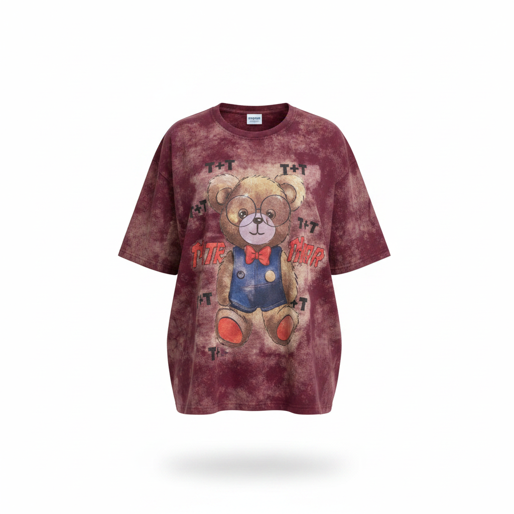 Women's Burgundy Teddy Bear Bleach Wash Tee — Ghost Mannequin