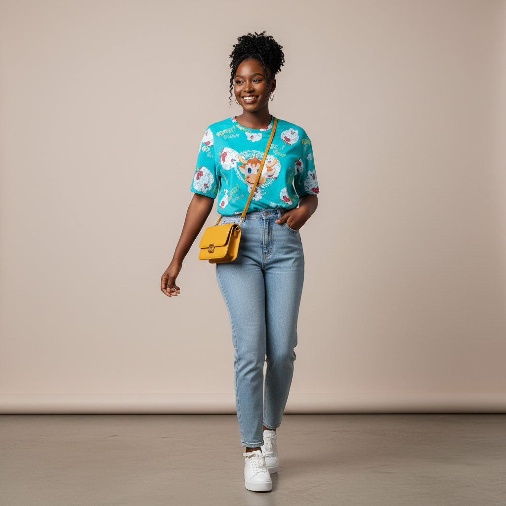 Teal Floral Cow All-Over Print Graphic Tee - Model Shot