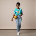 Teal Floral Cow All-Over Print Graphic Tee - Model Shot