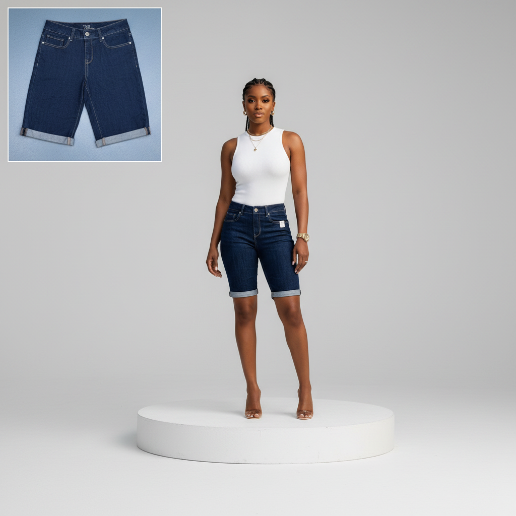 Dark Blue High-Waist Bermuda Denim Shorts – Front Model