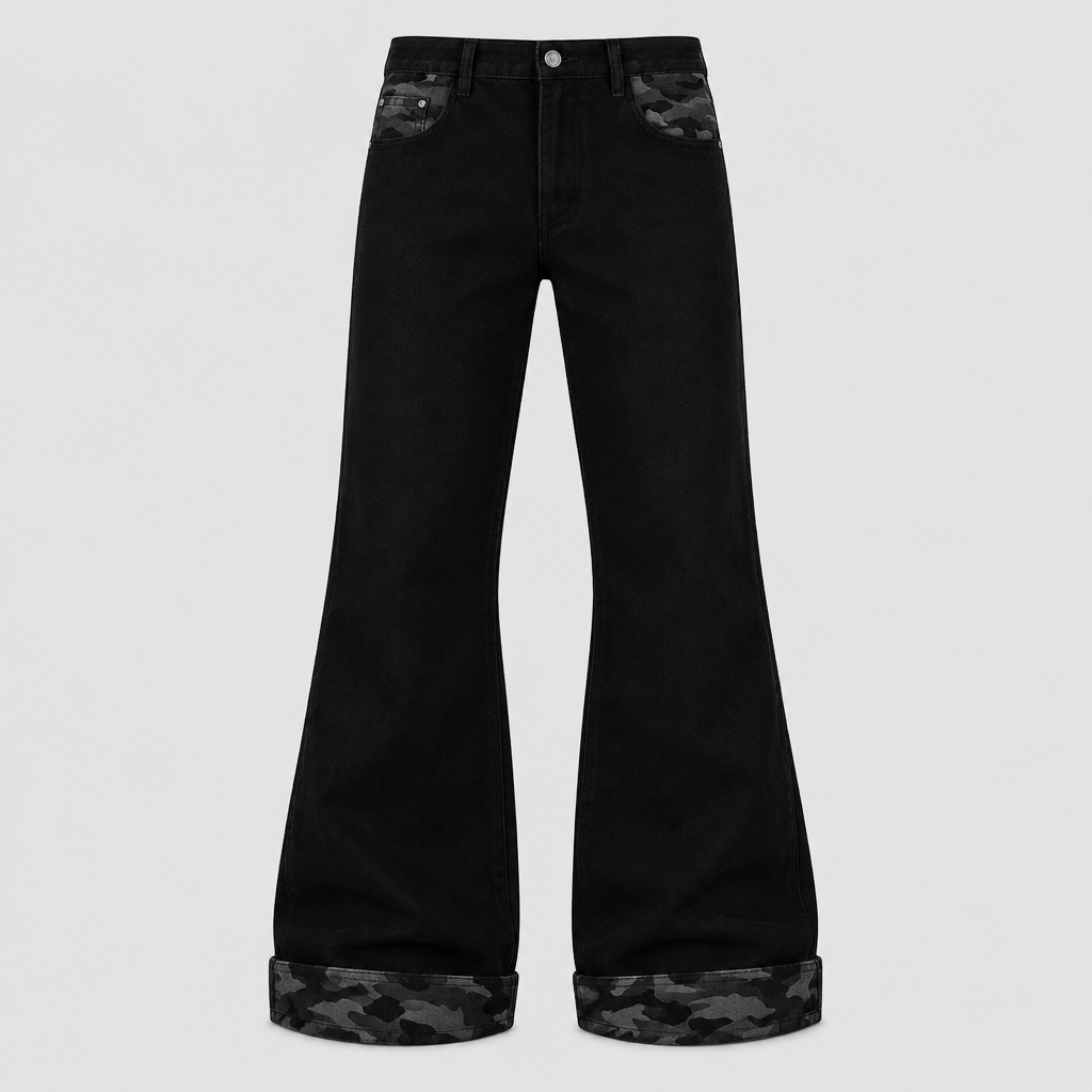 Men's black flare trousers with dark camouflage trim