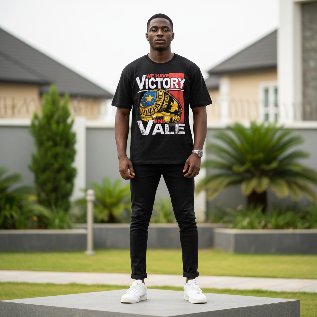 Nigerian male model wearing men's black championship ring graphic short-sleeve tee full body streetwear editorial shot