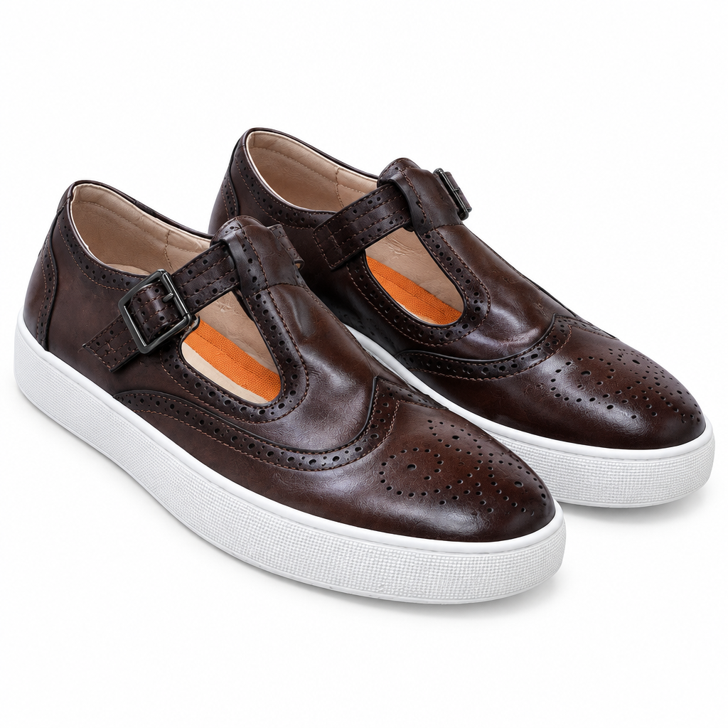 Dark brown leather T-bar brogue sneakers pair