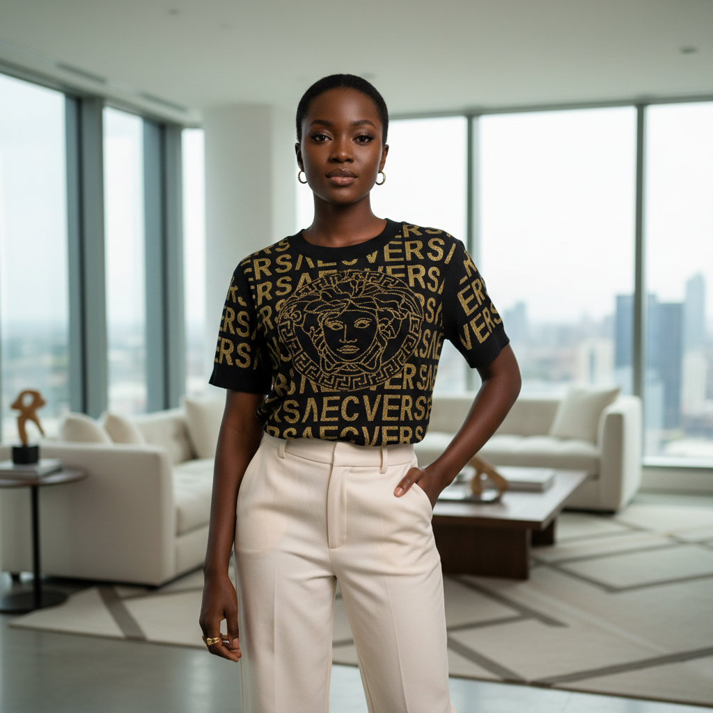 Women's Bold Text Print Top – Model Shot Black