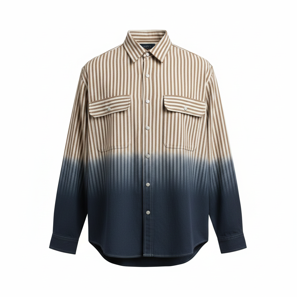 Tan and off-white striped dip-dye workwear shirt ghost mannequin — slate blue ombré hem, twin chest pockets
