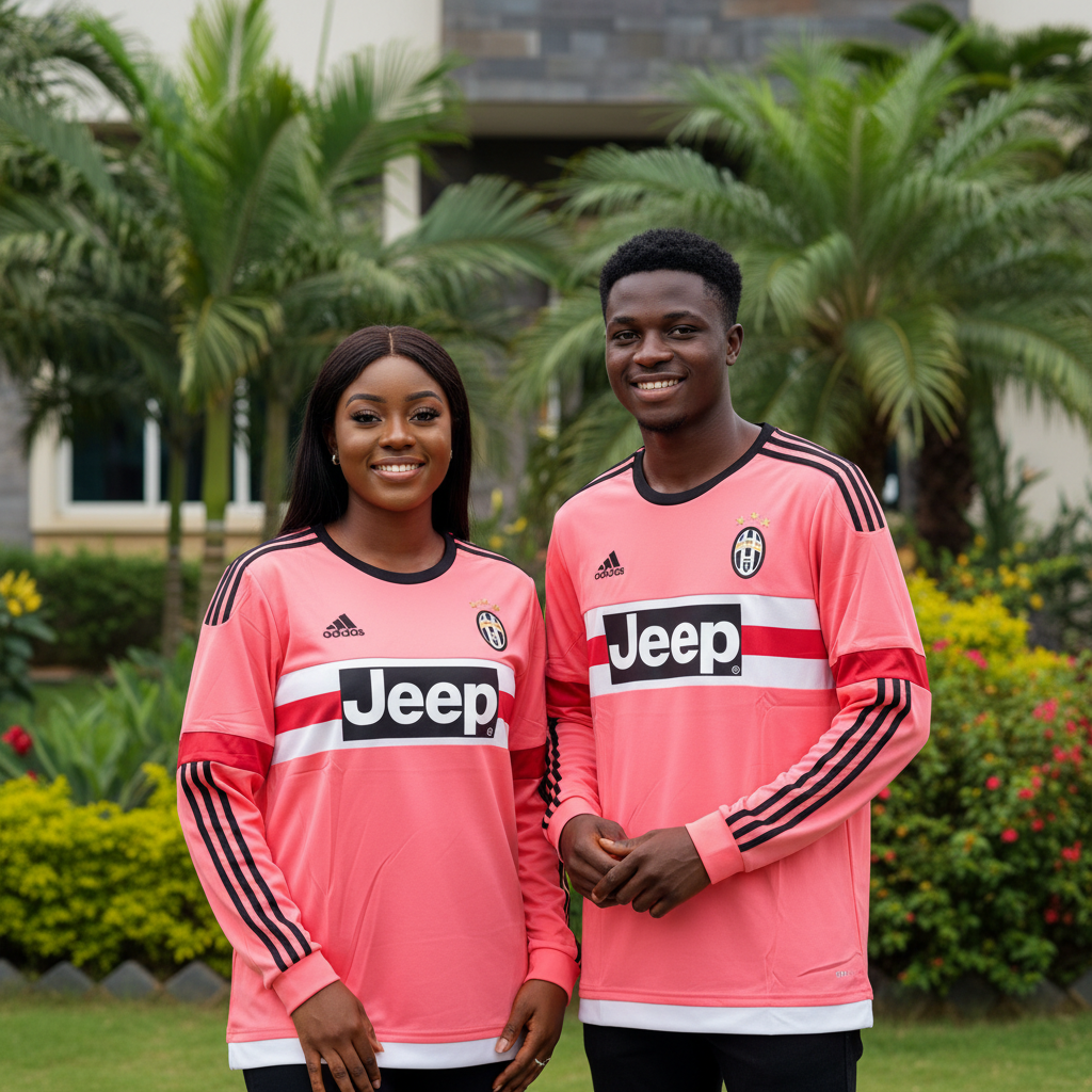 Nigerian female and male models wearing the salmon pink long-sleeve retro football jersey