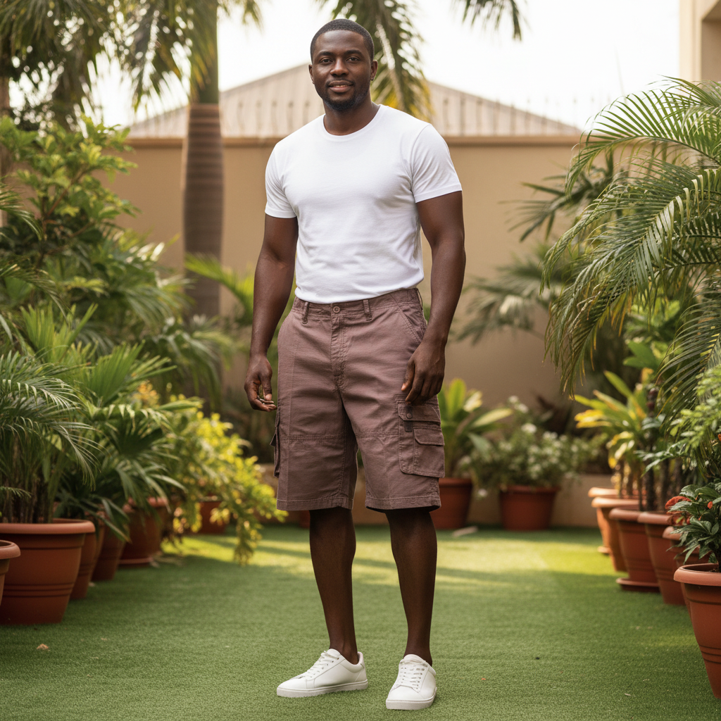 Nigerian male model wearing Men's Mocha Brown Multi-Pocket Cargo Shorts