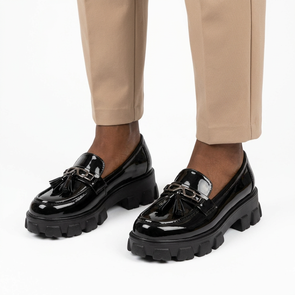 Adult woman wearing black glossy twin-tassel chunky loafers