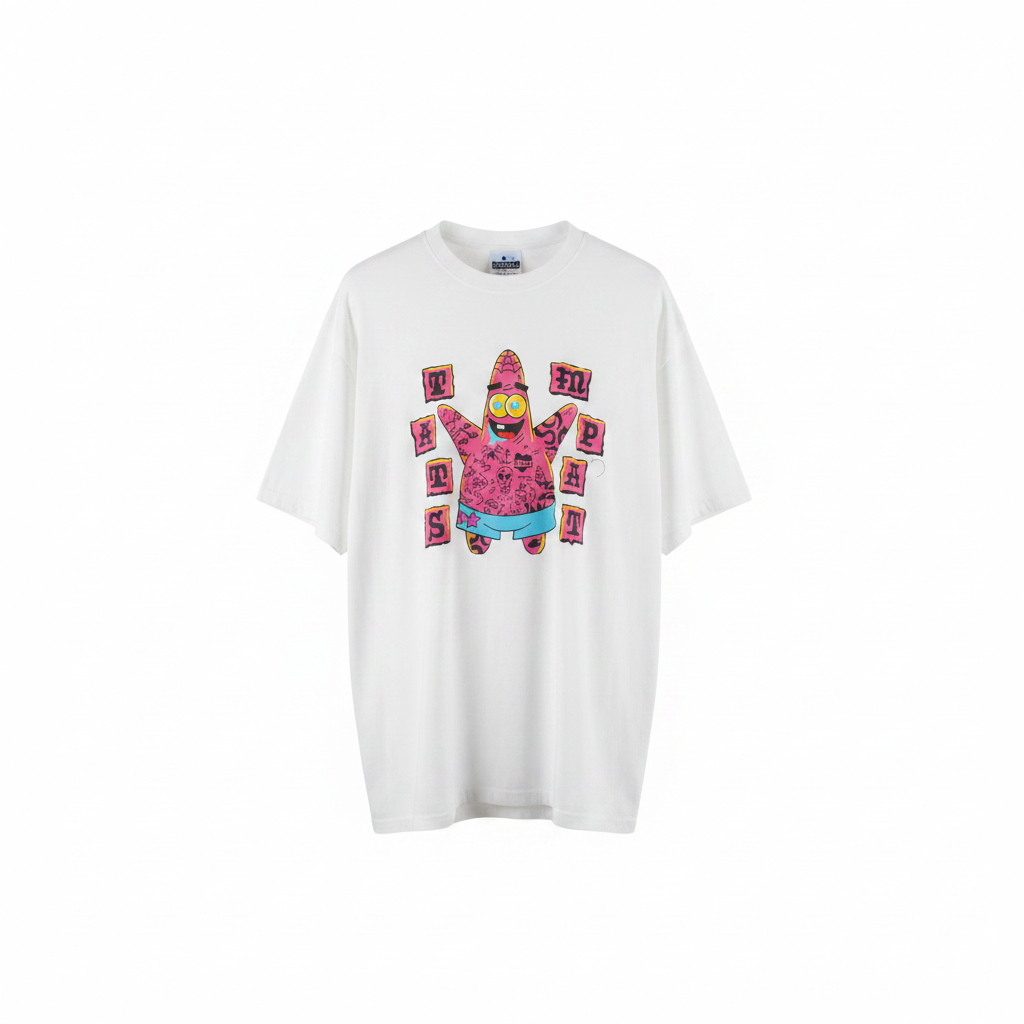 Ghost mannequin view of white oversized cartoon character graphic tee with colourful print