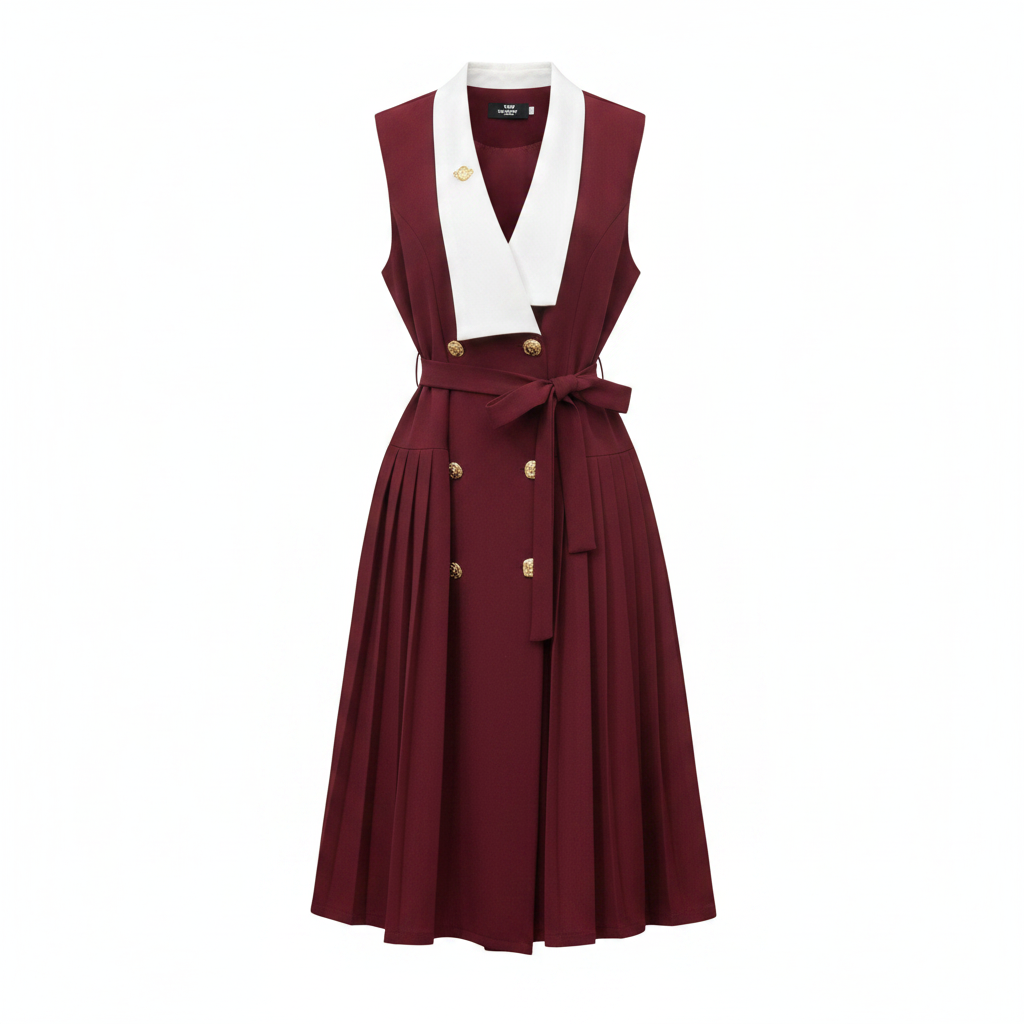 Women's sleeveless white-collar belted pleated midi dress in burgundy – ghost mannequin front view