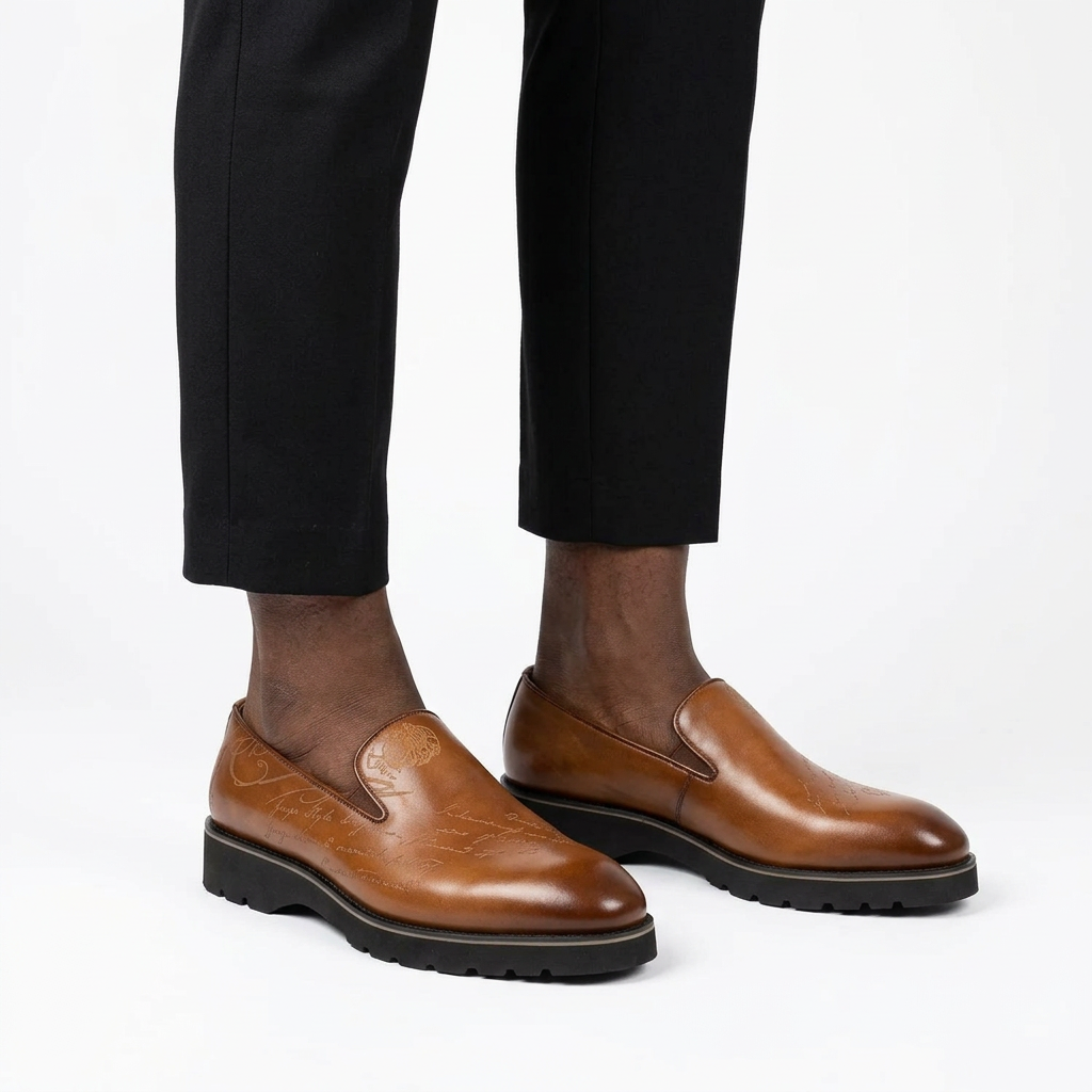 Tan brown script-detail slip-on shoes properly worn on both feet