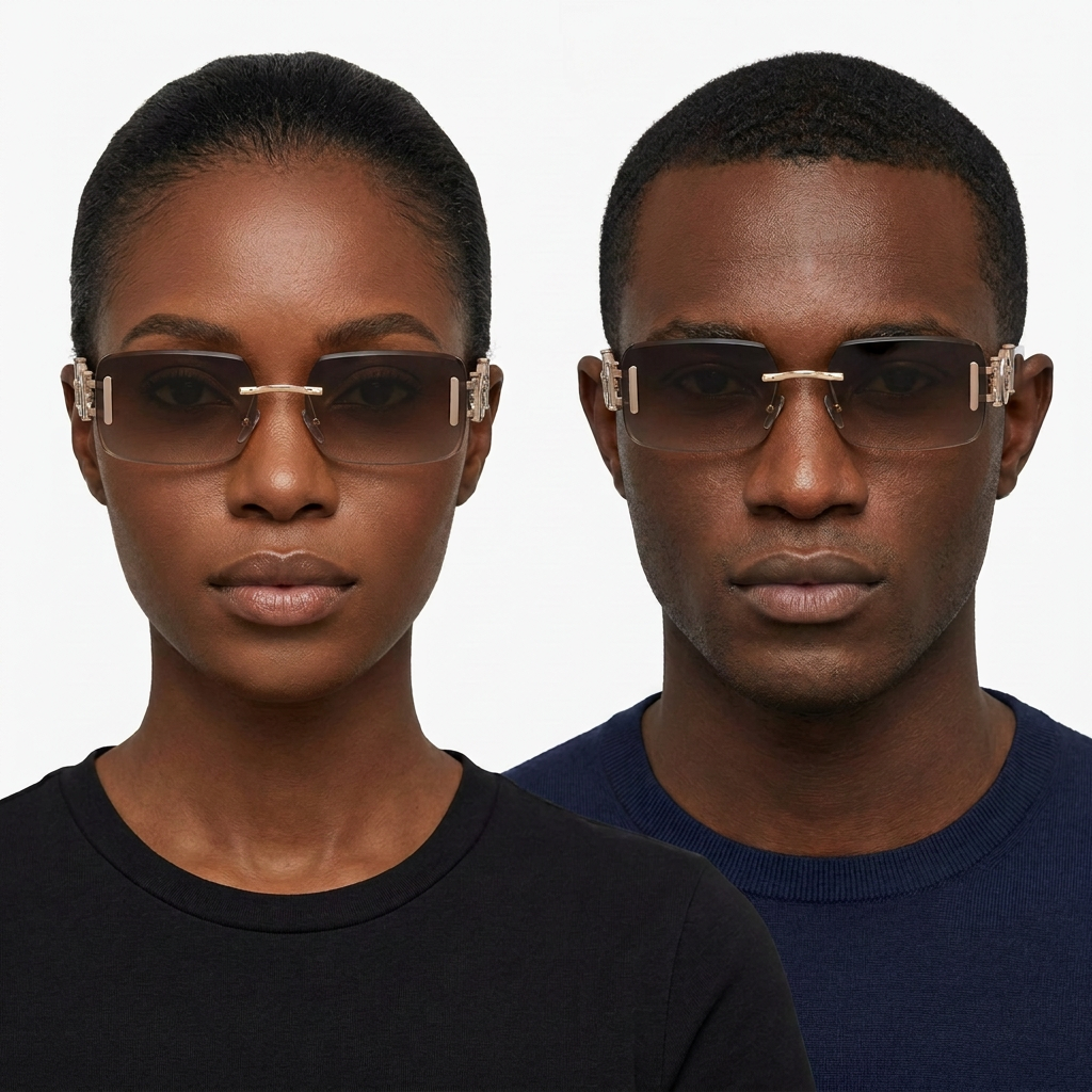 Black adult woman and man wearing brown gradient rectangular sunglasses with gold-tone bridge