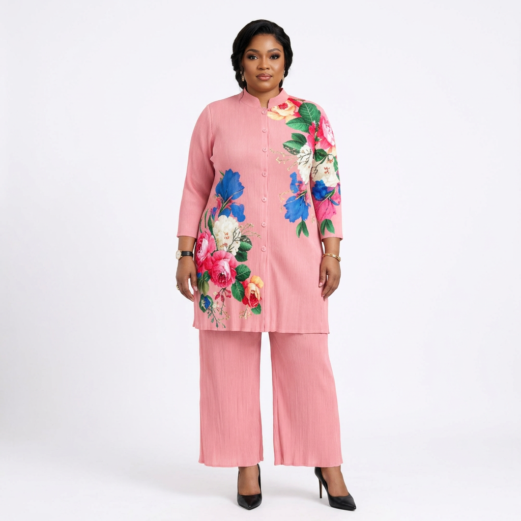 Black adult model wearing a pink floral tunic and cropped wide-leg trousers