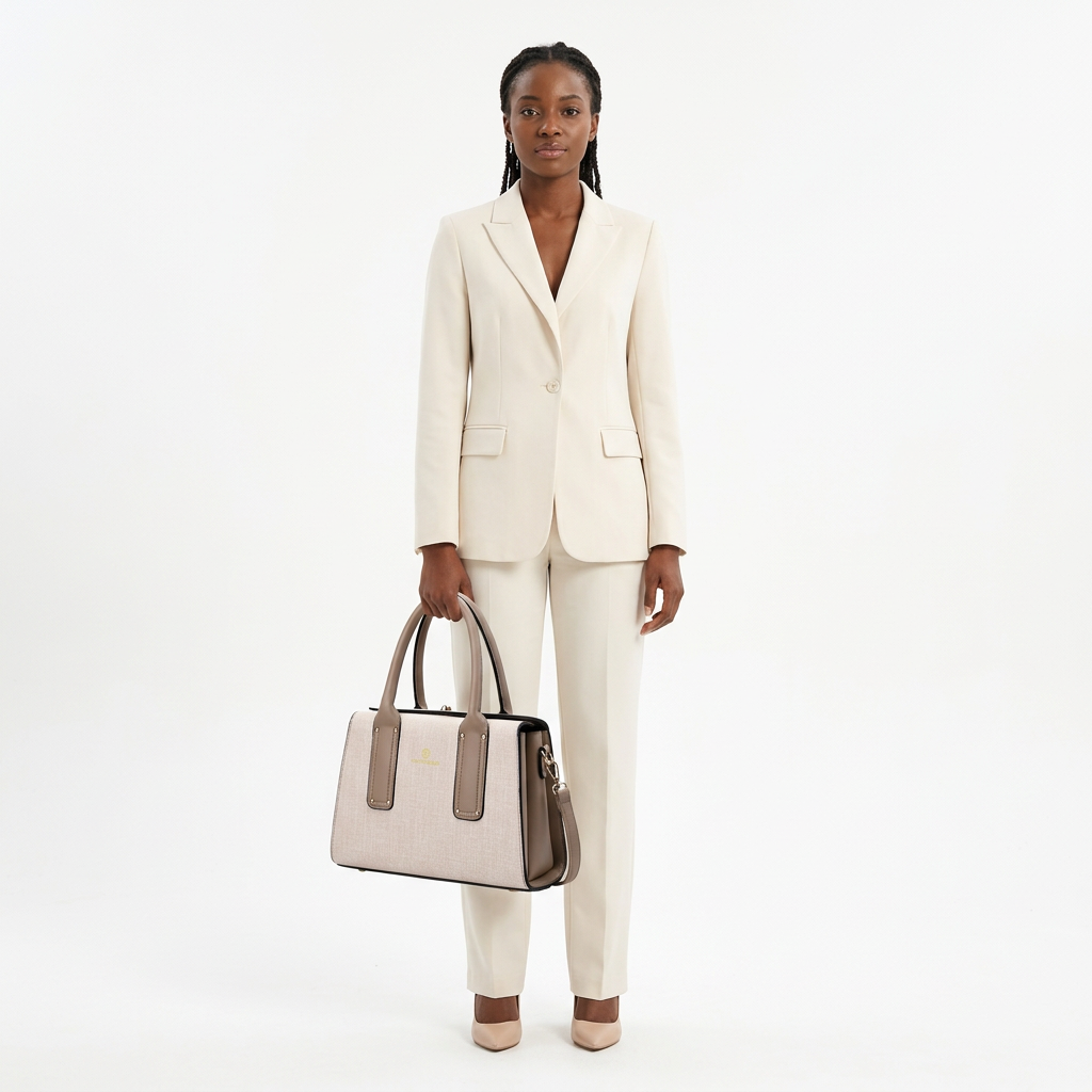 Woman in cream tailoring carrying one ivory handbag with taupe twin handles